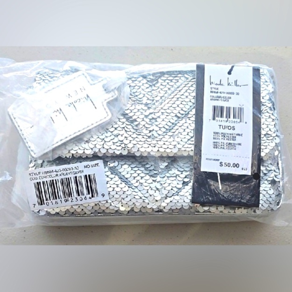 Evening Bag | Nicole Miller Silver Sequin Purse Clutch Handbag Purse | Sparkle - Picture 4 of 8